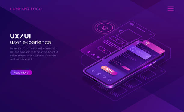 User experience isometric concept, ux ui wireframe User experience concept vector isometric illustration. Mobile app ux, ui interface developmenti for online shopping, smartphone and website wireframe on screen website wireframe illustrations stock illustrations