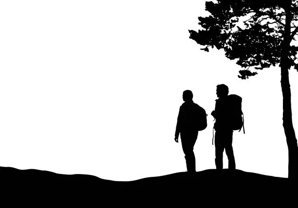 Vector illustration of Realistic illustration with silhouettes of two tourists with backpacks, man and woman. It stands in a landscape with hills and a tree. Isolated on white background with space for text - vector