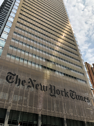 New York, USA - Jun 5, 2019: The iconic New York Times office building in Times Square late in the day.