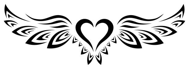 Tribal Tattoo Heart with Wings Black and White Tribal Tattoo Heart with Wings wings tattoos stock illustrations