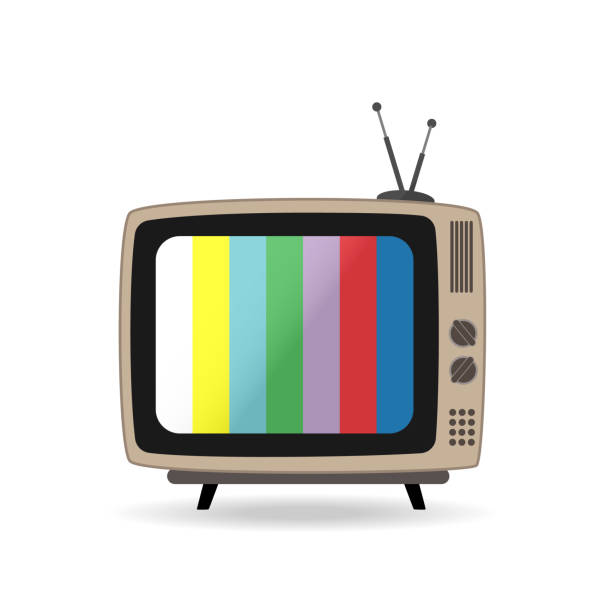 Retro tv set with antenna and stripes on the screen. Vintage style. Flat vector illustration isolated on white background. Retro tv set with antenna and stripes on the screen. Vintage style. Flat vector illustration isolated on white background. old tv stock illustrations