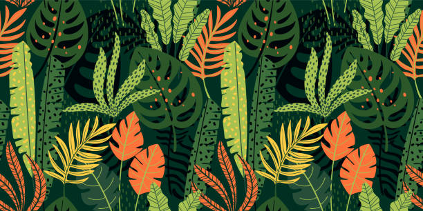 illustrazioni stock, clip art, cartoni animati e icone di tendenza di modello astratto senza cuciture con foglie tropicali. modello vettoriale. - foresta pluviale