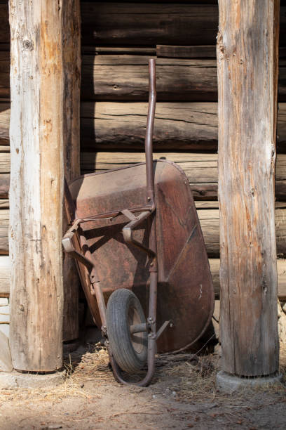 Old vintage wheelbarrow leaning on a log cabin wall