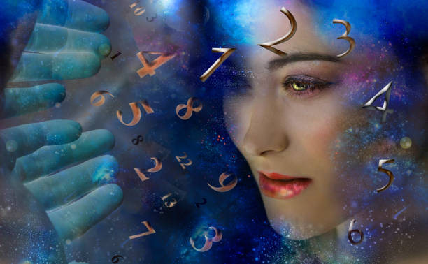 istock Female face and numbers departing hands, numerology 1178894048