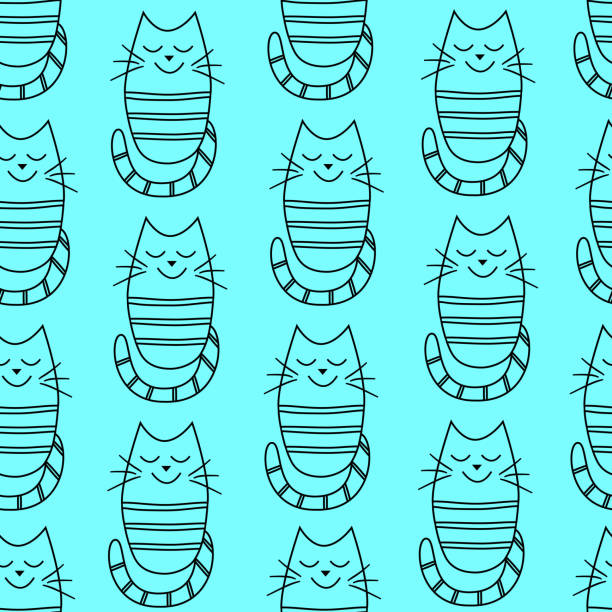 ilustrações de stock, clip art, desenhos animados e ícones de seamless pattern with funny cartoon cat with dreamy facial expression on blue background. vector wallpaper children background. - paintings domestic cat characters whisker