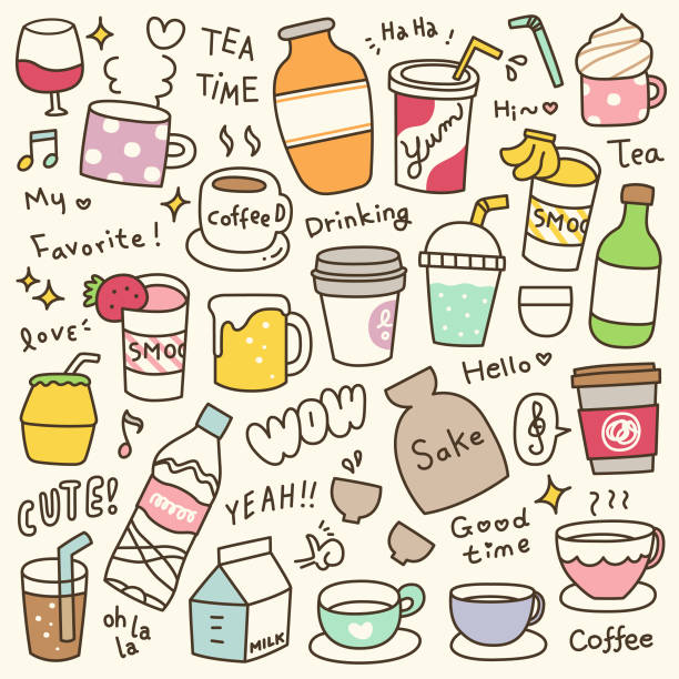 ilustrações de stock, clip art, desenhos animados e ícones de set of cute beverages doodle - drink carton