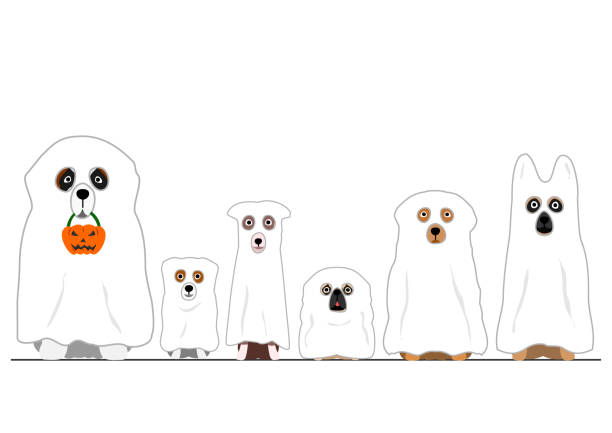 ilustraciones, imágenes clip art, dibujos animados e iconos de stock de halloween fantasmas perros en una fila - fantasma ilustraciones