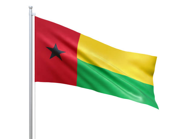 白い背景に手を振るギニアビサウの旗、クローズアップ、孤立。3d レンダリング - guinea bissau flag ストックフォトと画像