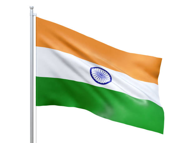 istock India flag waving on white background, close up, isolated. 3D render 1178904486