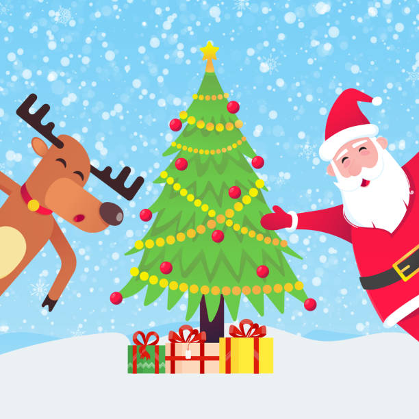 санта-клаус и красный ногой рождественских оленей и пожелать счастливого рождества и счастливого нового года вам открытку плоский стиль д� - red nosed illustrations stock illustrations