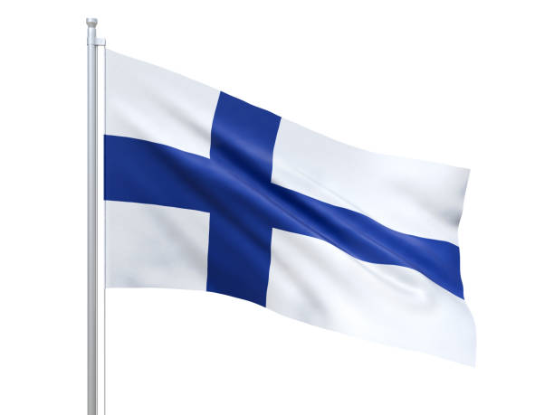 finlands flagga viftande på vit bakgrund, närbild, isolerad. 3d-rendering - finsk flagga bildbanksfoton och bilder