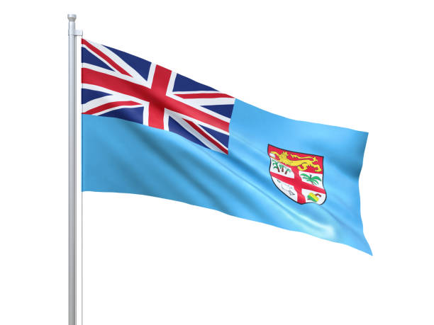 istock Fiji flag waving on white background, close up, isolated. 3D render 1178904841