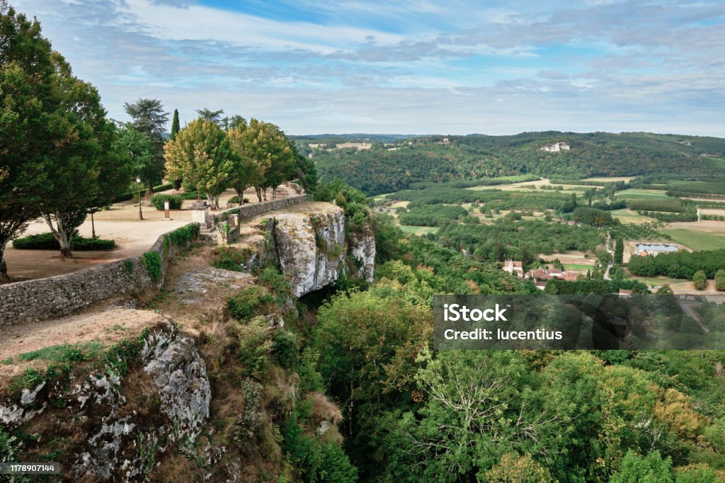 Domme village, Dordogne region, France View northeastwards from the village of Domme in the Dordogne region of France. Domme is one of the Plus Beaux Village of France. Domme Stock Photo