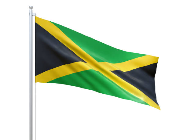 istock Jamaica flag waving on white background, close up, isolated. 3D render 1178907954