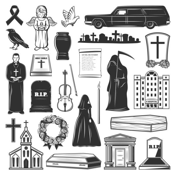 bildbanksillustrationer, clip art samt tecknat material och ikoner med begravning symboler, kyrkogård och döden sorg ikoner - blommor grav