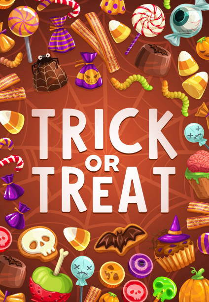 ilustraciones, imágenes clip art, dibujos animados e iconos de stock de caramelos y dulces de halloween con red de arañas - spider web halloween corn pumpkin