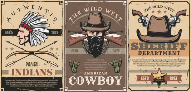 ilustraciones, imágenes clip art, dibujos animados e iconos de stock de alguacil del salvaje oeste, vaquero y jefe indio - wanted poster