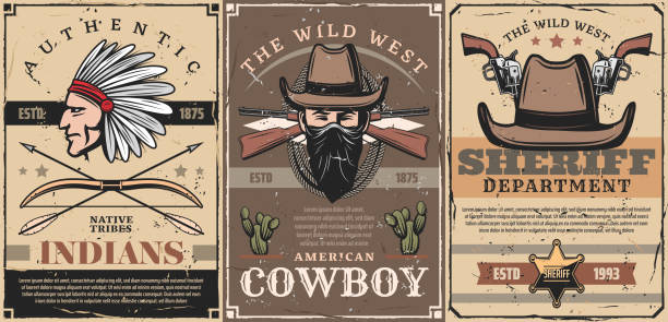 Western vintage posters, wild West sheriff star badge and Indian chief in eagle feather headdress, bow and arrows. Vector Western cowboy bandit or robber in scarf with rifles guns and revolvers