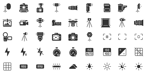 Photo camera silhouette icon. Photography cameras shutter speed, aperture and digital camera exposure black stencil. Video camera lens, film or dslr tripod pictogram. Isolated icons vector set