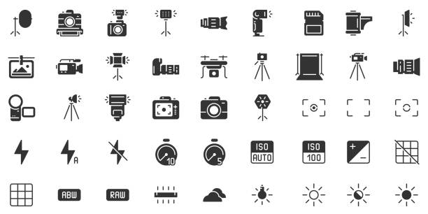 Photo camera silhouette icon. Photography cameras shutter speed, aperture and digital camera exposure black stencil icons vector set Photo camera silhouette icon. Photography cameras shutter speed, aperture and digital camera exposure black stencil. Video camera lens, film or dslr tripod pictogram. Isolated icons vector set digital single lens reflex camera photos stock illustrations