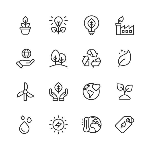 ilustrações de stock, clip art, desenhos animados e ícones de ecology and environment line icons. editable stroke. pixel perfect. for mobile and web. contains such icons as leaf, ecology, environment, lightbulb, forest, green energy, agriculture. - environmental sustainability