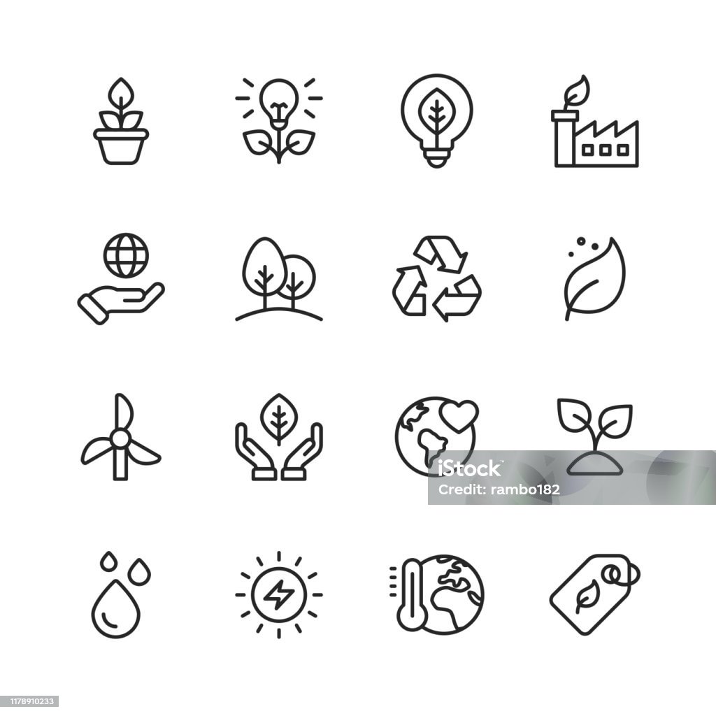 Ecology and Environment Line Icons. Editable Stroke. Pixel Perfect. For Mobile and Web. Contains such icons as Leaf, Ecology, Environment, Lightbulb, Forest, Green Energy, Agriculture. 16 Ecology and Environment  Outline Icons. Icon stock vector