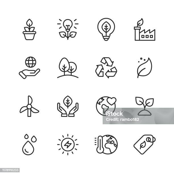 Ecology And Environment Line Icons Editable Stroke Pixel Perfect For Mobile And Web Contains Such Icons As Leaf Ecology Environment Lightbulb Forest Green Energy Agriculture Stock Illustration - Download Image Now