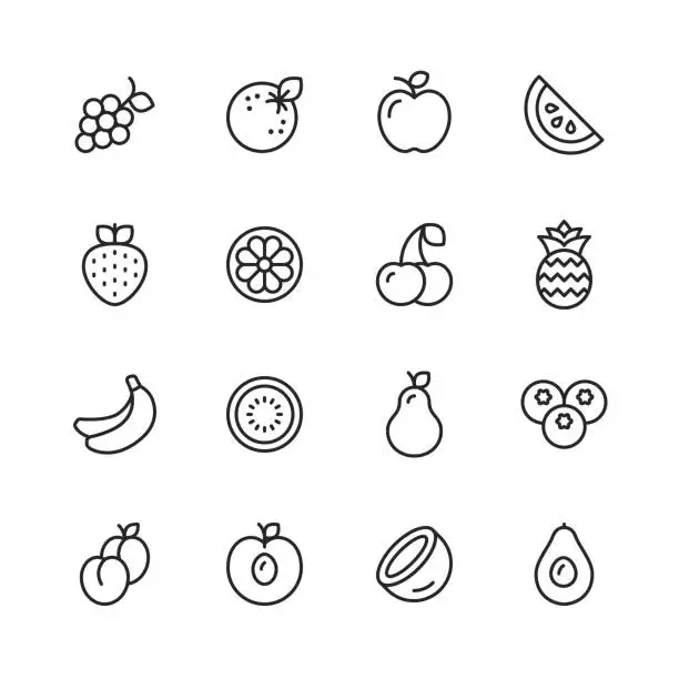 Vector illustration of Fruit Line Icons. Editable Stroke. Pixel Perfect. For Mobile and Web. Contains such icons as Watermelon, Orange, Banana, Pear, Pineapple, Grapes, Apple.