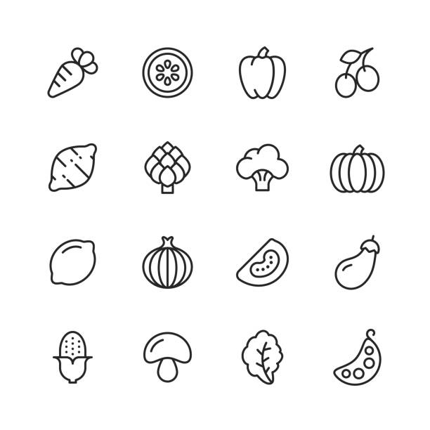 ilustrações de stock, clip art, desenhos animados e ícones de vegetable line icons. editable stroke. pixel perfect. for mobile and web. contains such icons as carrot, lemon, pepper, onion, potato, tomato, corn, spinach, bean, mushroom. - ginger root ingredient nature