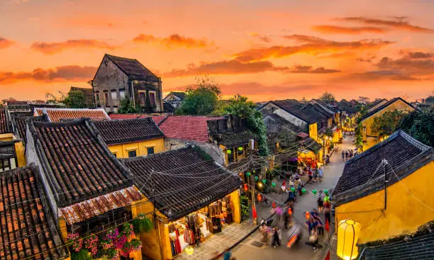 Hoi An, Vietnam: High view of Hoi An ancient town at sunset.