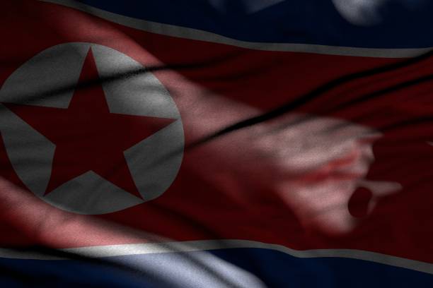 pretty picture of dark north korea flag with folds lying flat in shadows with light spots on it - any occasion flag 3d illustration - democratic peoples republic of north korea imagens e fotografias de stock