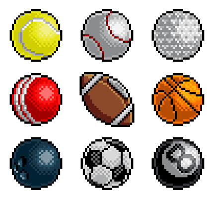 An 8 bit pixel art style video arcade game cartoon sports balls icon set