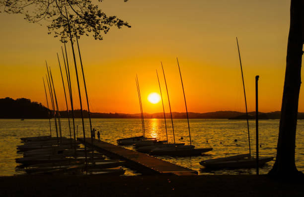 Branson Missouri USA June 14 2022 Sailboats sit in their slips at a dock on Table Rock Lake in southern Missouri.