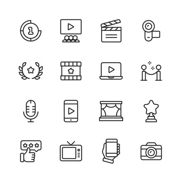 Vector illustration of Video, Cinema, Film Line Icons. Editable Stroke. Pixel Perfect. For Mobile and Web. Contains such icons as Video Player, Film, Camera, Cinema, 3D Glasses, Virtual Reality, Television, Theatre, Celebrity.