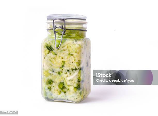Fermented Cabbage Vegetables In Mason Jar Stock Photo - Download Image Now - Fermenting, White Background, Mason Jar