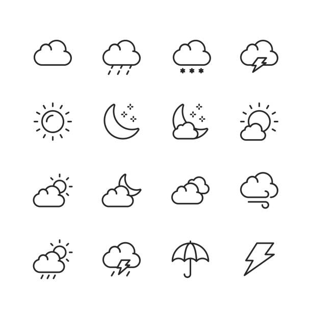 ilustraciones, imágenes clip art, dibujos animados e iconos de stock de iconos de la línea meteorológica. trazo editable. píxel perfecto. para móviles y web. contiene iconos como tiempo, sol, nube, lluvia, nieve, temperatura, clima, luna, viento. - rain tornado overcast storm