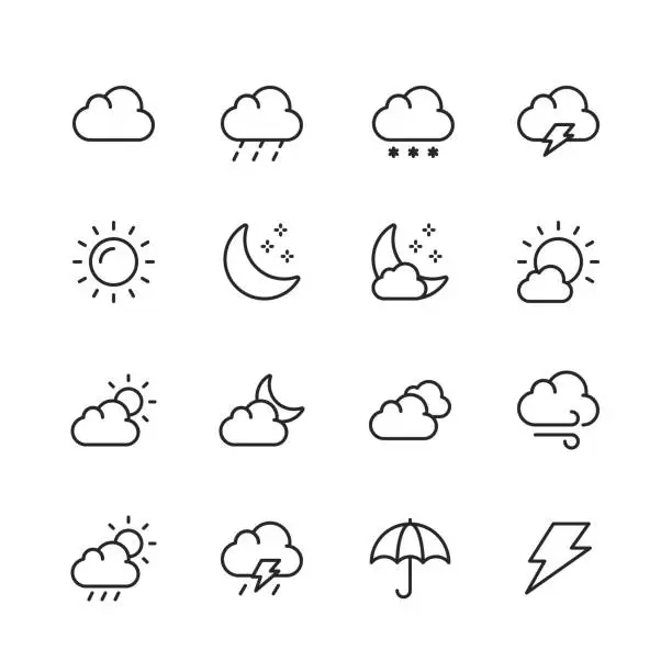 Vector illustration of Weather Line Icons. Editable Stroke. Pixel Perfect. For Mobile and Web. Contains such icons as Weather, Sun, Cloud, Rain, Snow, Temperature, Climate, Moon, Wind.