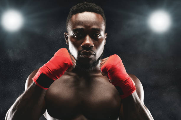 istock Concentrated fighter standing in defence pose on boxing ring 1178917985