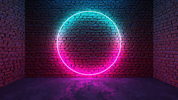 circle shaped glowing neon frame on brick wall in dark room - dancing floor imagens e fotografias de stock