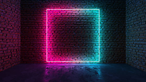 квадратная форма светящейся неоновой рамы на кирпичной стене в темной комнате - brick dancing стоковые фото и изображения