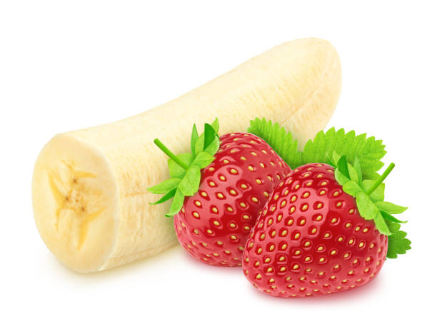istock Composite image with halved banana and strawberry isolated on a white background. 1178919426