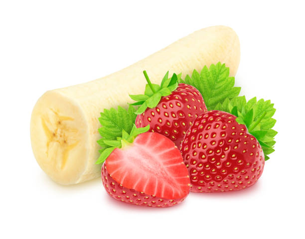 istock Composite image with halved banana and strawberry isolated on a white background. 1178919461