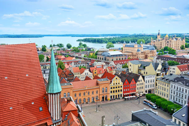 Aerial view of Schwerin town, Germany Aerial view of Schwerin old town at sunny day, Germany schwerin castle stock pictures, royalty-free photos & images