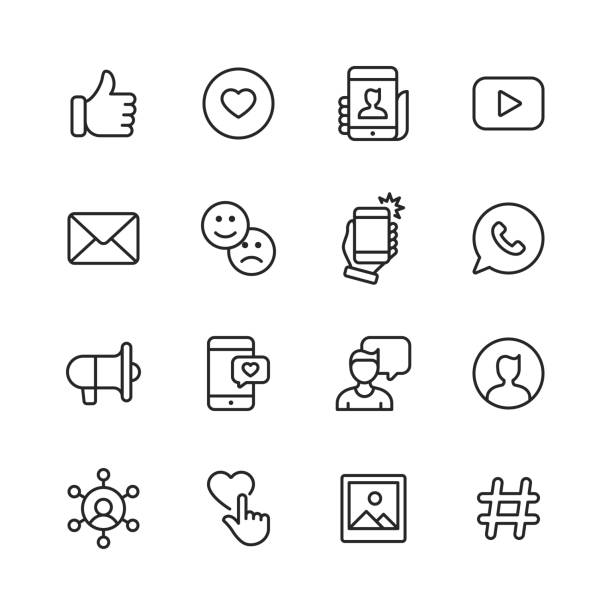 ikony linii mediów społecznościowych. edytowalny obrys. pixel perfect. dla urządzeń mobilnych i sieci web. zawiera takie ikony jak przycisk, thumb up, selfie, fotografia, głośnik, reklama, wiadomości online. - photographing information medium interface icons symbol stock illustrations