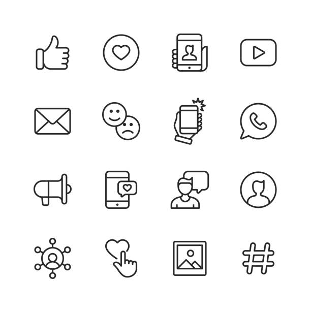 Social Media Line Icons. Editable Stroke. Pixel Perfect. For Mobile and Web. Contains such icons as Like Button, Thumb Up, Selfie, Photography, Speaker, Advertising, Online Messaging. 16 Social Media Outline Icons. following stock illustrations