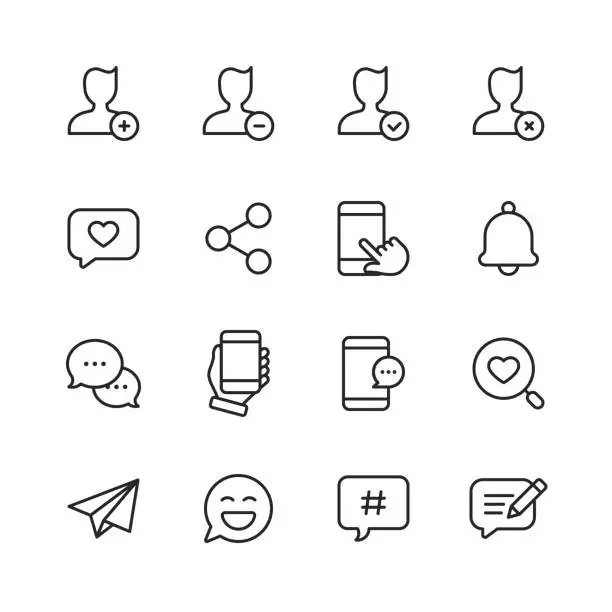 Vector illustration of Social Media Line Icons. Editable Stroke. Pixel Perfect. For Mobile and Web. Contains such icons as Hashtag, Social Media, User Profile, Notification, Like Button, Online Messaging.