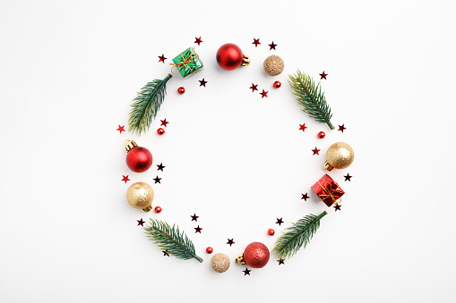 Christmas Round Frame from Branches and Christmas Balls. Flat Lay