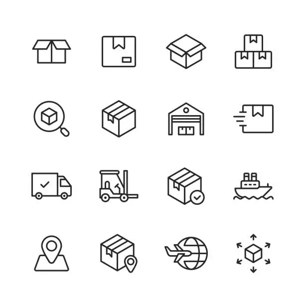 Vector illustration of Logistics and Delivery Line Icons. Editable Stroke. Pixel Perfect. For Mobile and Web. Contains such icons as Delivery, Shipping, Box, Garage, Distribution, Yacht, Location Tracking, Truck.