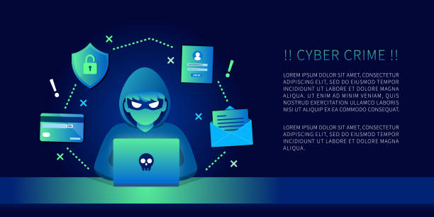 hacker mit laptop-computer, der vertrauliche daten, persönliche informationen und kreditkartendetails stiehlt. hacking-konzept. - computer hacker spy spam safety stock-grafiken, -clipart, -cartoons und -symbole