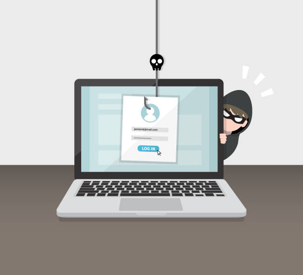 illustrazioni stock, clip art, cartoni animati e icone di tendenza di account di hacking e password. il phishing dei dati dell'account con il ladro informatico si nasconde dietro il computer portatile. concetto di hacking. - identity theft